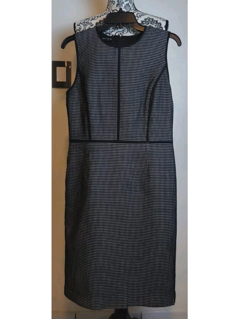 Lafayette 148 New York Sheath Dress 8 Black White Micro Check Sleeveless Lined